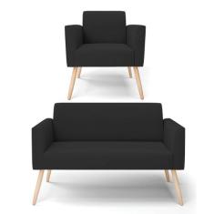 Sofá Namoradeira com Poltrona Pés Palito Natural Marisa Veludo Preto -