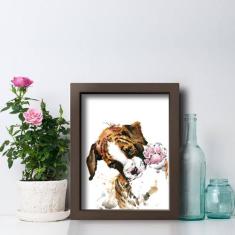 Quadro Sala Cachorro Aquarela 22x32cm Moldura Marrom - Quartinhos