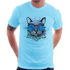 Camiseta Gato de Óculos Psicodélico - Foca na Moda, Azul bebê, G