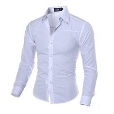 Camisa social masculina clássica elegante xadrez manga comprida slim fit, Branco, US/EU XS (Asian M)