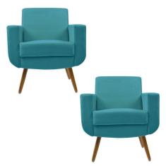 Kit 02 Poltronas Decorativa Cristal Pés Madeira Suede Turquesa