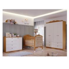 Quarto de Bebê 3 Peças com Berço Capitonê Cômoda 4 Gavetas e Guarda-roupa 4 Pts 4 Gavetas Aquarella Nature/Branco
