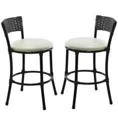 2 Banquetas Forts Baixa Fibra Sintética Preta, Ferro, Assento Estofado Branco