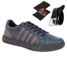 Kit Tenis Masculino Esporte Fino Leve Conforto  de Amarrar Cinto e Carteira-Masculino