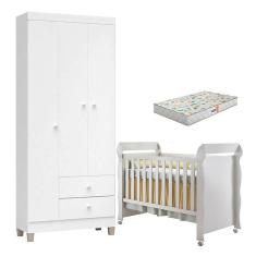 Berço Americano Mirelle Com Colchão Gazin E Guarda Roupa Ternura Baby 3 Portas Branco Brilho - Incorplac