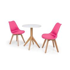 Conjunto Mesa de Jantar Maitê 60cm Branca com 2 Cadeiras Eames Wood Leda - Rosa
