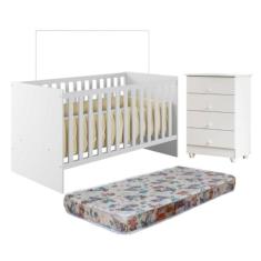 Quarto de Bebê com Berço com Colchão Suporte Life e Cômoda de Bebê 100% Mdf 4 Gavetas Soft Life Branco