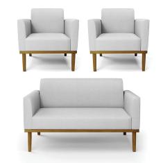 Sofá Namoradeira Com 2 Poltronas Base De Madeira Fixa Castanho Marisa Linho D03 - D`Rossi A05 Cinza