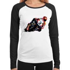 Baby Look Raglan Motorcycle Racing Manga Longa - Foca na Moda, Branco,