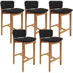 Kit 05 Banquetas Alta Dara L02 Assento em Linho Estrutura em Madeira Encosto Fixo Cinza para Cozinha