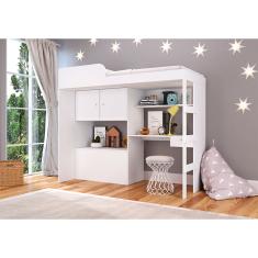 Cama Solteiro Alta Multifuncional Com Baú e Estação de Trabalho Lion - Branco