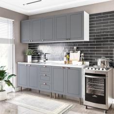 Cozinha Pérola com Rodapé 4 Peças Aéreos com 5 Portas, Balcão 2 Gavetas 3 Portas e Balcão 2 Portas Y Branco/Cinza