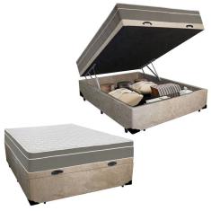 Cama Box Baú Casal Suede + Colchão SerenePrime Molas Ensacadas 138x188x69 Bege