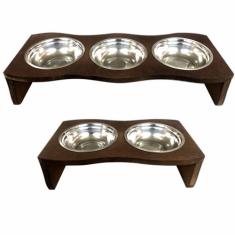 Kit Comedouro Madeira 3 E 2 Potes Em Inox Pet Cachorro Gato - JKVERAS
