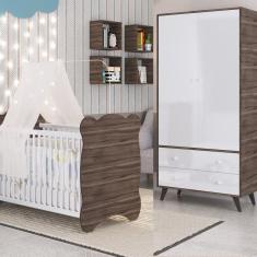 Quarto de Bebê Completo Berço com Guarda roupa 2 Portas 2 Gavetas Pipoca Móveis Percasa Carvalho/Branco