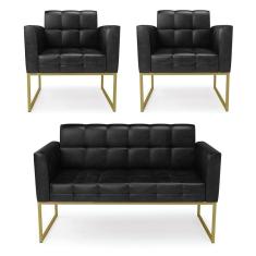 Kit 1 Sofá Namoradeira E 2 Poltronas Elisa Corano Base Metálica Industrial Dourado - D`rossi Cor Preto