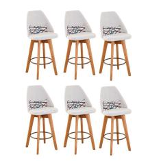 Kit 06 Banquetas Alta Maya Giratória Com Encosto Linho Bege Claro e Almofada Linhas Coloridas - Aurora Line