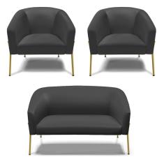 Sofá Namoradeira E 2 Poltronas Pé De Ferro Dourado Stella Corino D03 - D'rossi Cor Preto
