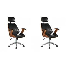 Kit 2 Cadeiras De Escritório Presidente Giratória Com Apoia Cabeça Office Lisboa Preto-marrom