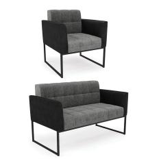 Sofá Namoradeira e Poltrona Base Industrial Preto Elisa Preto/Linho Grafite A26 D03 - D`Rossi