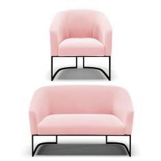 Sofá Namoradeira e Poltrona Base Industrial Preto Stella Suede Rosa Bebê D03 - D'Rossi