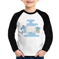 Camiseta Raglan Infantil Laptop Manga Longa - Foca na Moda, Branco, Pr