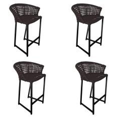 Kit 4 Banquetas Reis Em Corda Náutica E Base Em Alumínio Preta Para área Gourmet Externa Marrom