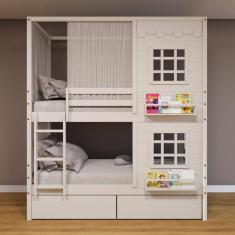 Beliche Casinha Reta com 02 Janelas 02 Gavetas e Cortina Madeira Maciça Branco Housin