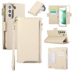 Capa carteira para Samsung Galaxy S21 FE, bolso com zíper magnético [destacável] capa de couro com compartimentos para cartões e dinheiro, [bloqueio RFID] Capa com alça de pulso e cordão para