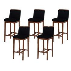 Kit 5 Banqueta Bistrô Berlim Pé Alto em Madeira Maciça de Eucalipto Verniz Veludo marrom e preto