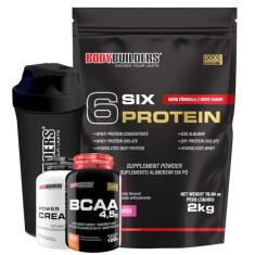 Kit Six Protein Morango 2kg + BCAA 4,5g 100g + Power Creatina 100g + Coqueteleira – Bodybuilders