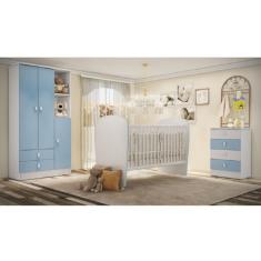 Quarto de Bebê Completo com 1 Berço 1 Cômoda 1 Guarda Roupa Arco-Íris Móveis Percasa Branco/Azul