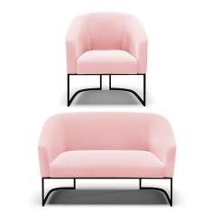 Sofá Namoradeira E Poltrona Base Industrial Preto Stella Suede Rosa Bebê D03 - D`rossi