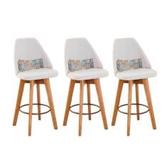 Kit 03 Banquetas Alta Maya Giratória Com Encosto Linho Bege Claro e Almofada Folhas - Aurora Line