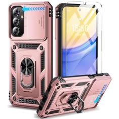 BaHaHoues Capa para Samsung Galaxy A15 5G com protetor de tela e capa de lente de câmera deslizante, suporte de anel magnético de rotação de 360° integrado à prova de choque, capa protetora para