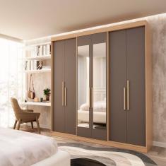 Guarda Roupa Casal 6 Portas Lugano com Espelho Cedro/Cinza