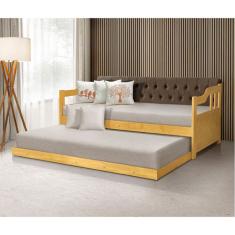 Sofá Cama Dublin Estofado Capitonê Veludo Marrom Madeira com Cama Auxiliar - Imbuia
