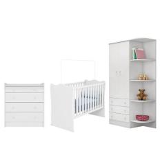 Guarda Roupa Cantoneira, Berço e Cômoda Trocador Branco - Qmovi