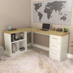Escrivaninha em L 3 Nichos 3 Gavetas Artany Olmo/Branca
