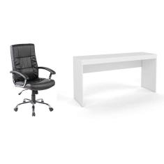 conjunto de mesa marselha branca com cadeira de escritório presidente giratória com relax e plus preta