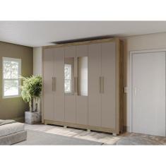 Guarda-roupa 6 Portas e 2 Gavetas com Pés e Espelho Nogueira/Cinza