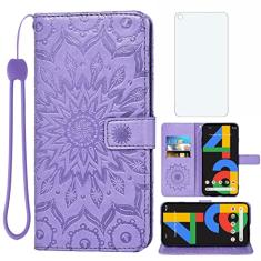Asuwish Capa de telefone para Google Pixel 4a 4G capa carteira com protetor de tela de vidro temperado girassol capa flip fina suporte para cartão acessórios para celular Pixel4a Pixle a4 2020