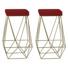 Kit 2 Banqueta Decorativa Kathy Base Gold Veludo Vermelho G41 - Gran B