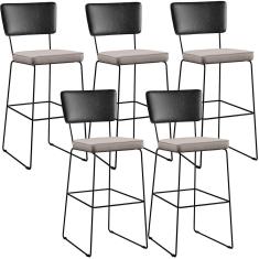 Kit 05 Banquetas Altas Cozinha Allana L02 Preto Linho Bege