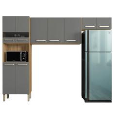Armário de Cozinha Compacta Louis Z06 9 Portas MDF 250.7cm Amadeirado Freijó Gris com Nicho para Micro-ondas