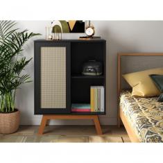 Balcao Alto Aparador Buffet Com Porta De Correr Rattan Pés Em Madeira Preto