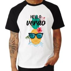 Camiseta Raglan Hello Verão - Foca na Moda, Branco, Preto, M