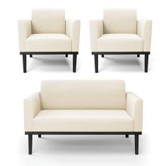 Sofá Namoradeira com 2 Poltronas Base de Madeira Fixa Preto Marisa Veludo Bege D03 - D?Rossi
