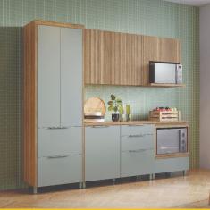 Cozinha Completa em MDF Nesher Paris Ripada com 260 cm de Largura, 6 Portas, 6 Gavetas e 10 Prateleiras - Verde/Nature