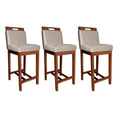 Kit 3 Banquetas Média Estofada Veneza 94 Cm Madeira Maciça Castanho Suede CCS
